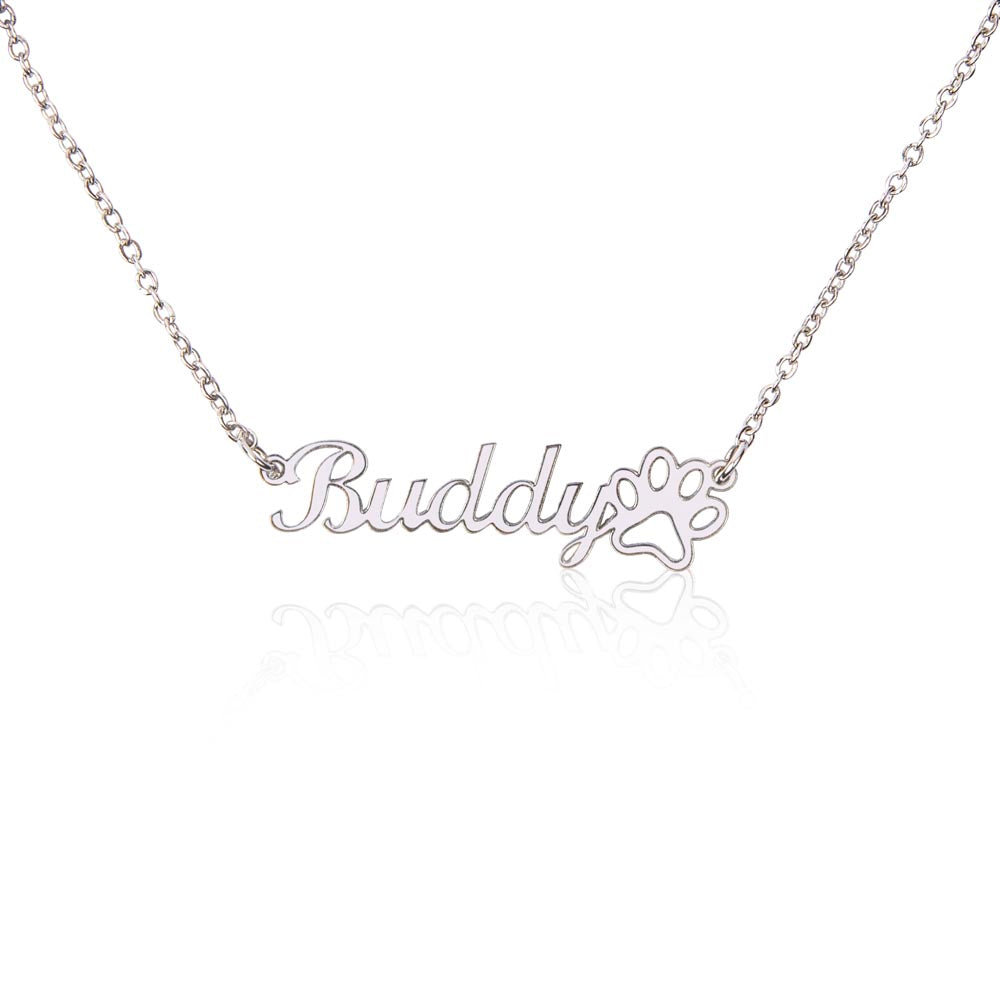 Personalized Pet Name Necklace with Paw Print | Custom Dog Cat Name Jewelry | Polished Stainless Steel or 18K Gold | Pet Memorial Gift