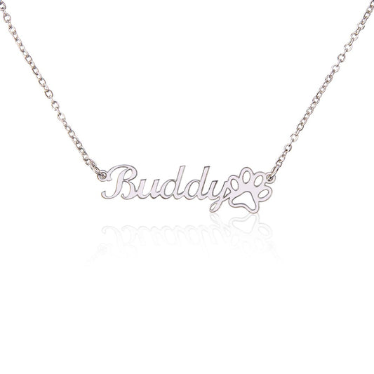Personalized Pet Name Necklace with Paw Print | Custom Dog Cat Name Jewelry | Polished Stainless Steel or 18K Gold | Pet Memorial Gift