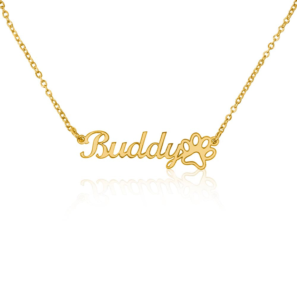 Personalized Pet Name Necklace with Paw Print | Custom Dog Cat Name Jewelry | Polished Stainless Steel or 18K Gold | Pet Memorial Gift