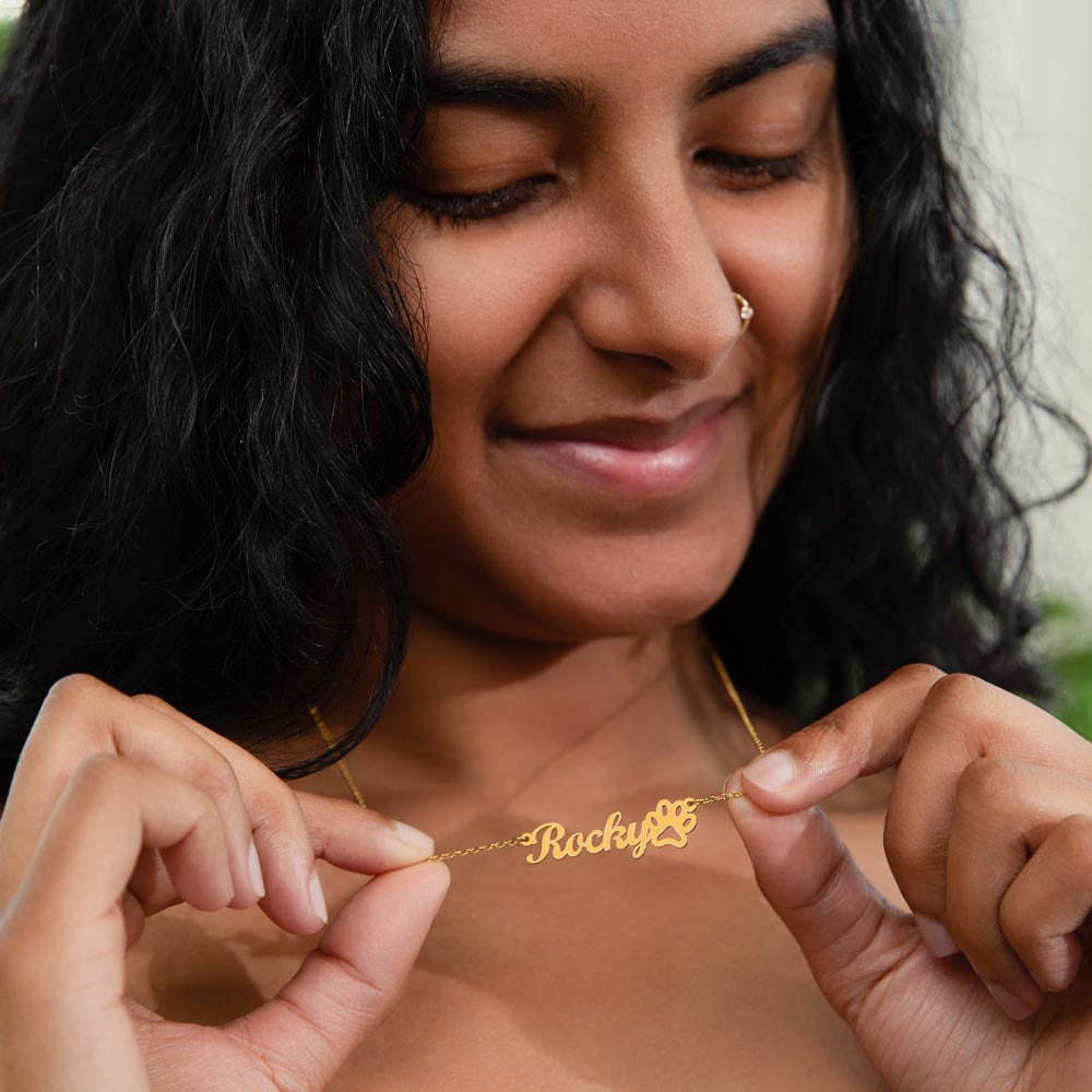 Personalized Pet Name Necklace with Paw Print | Custom Dog Cat Name Jewelry | Polished Stainless Steel or 18K Gold | Pet Memorial Gift