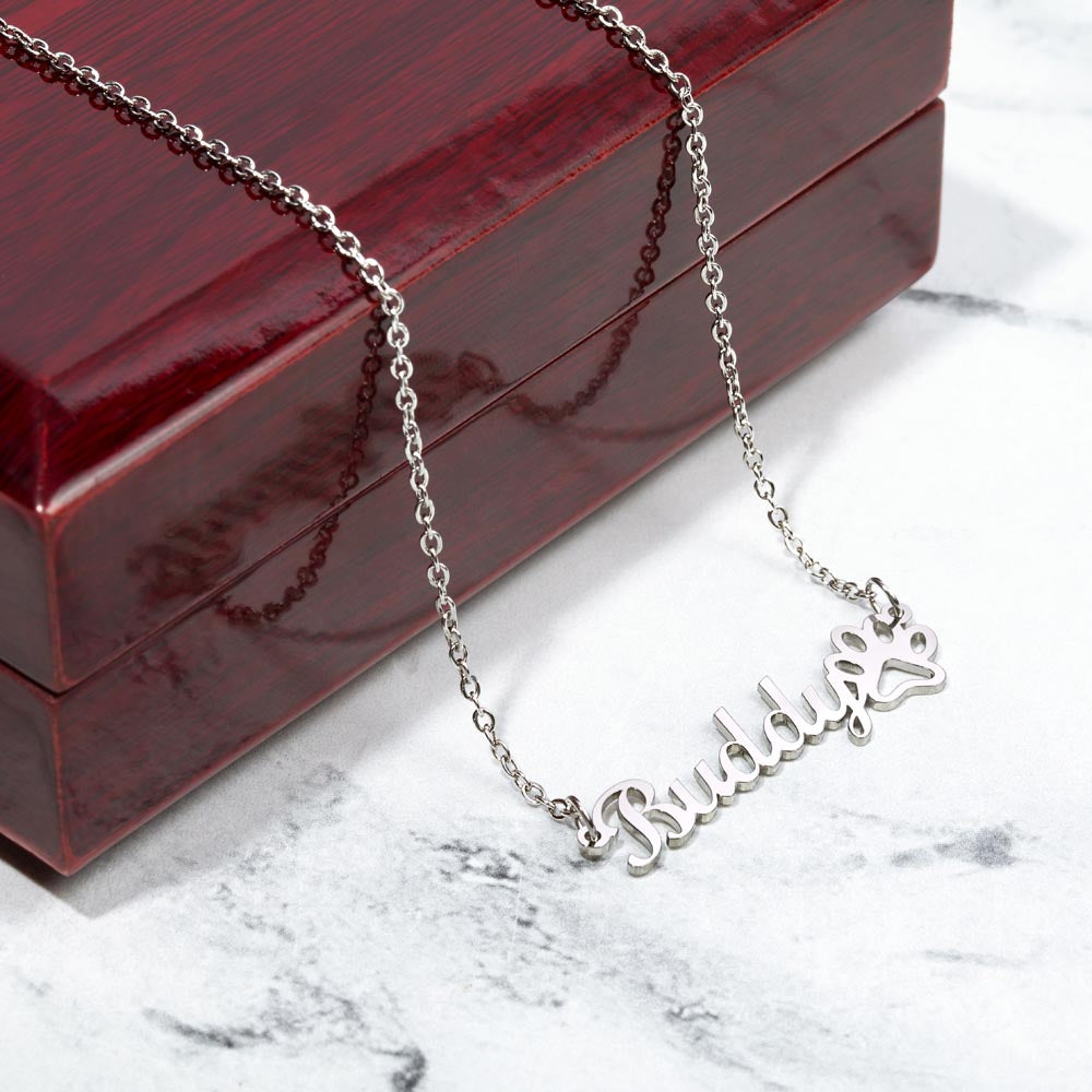 Personalized Pet Name Necklace with Paw Print | Custom Dog Cat Name Jewelry | Polished Stainless Steel or 18K Gold | Pet Memorial Gift