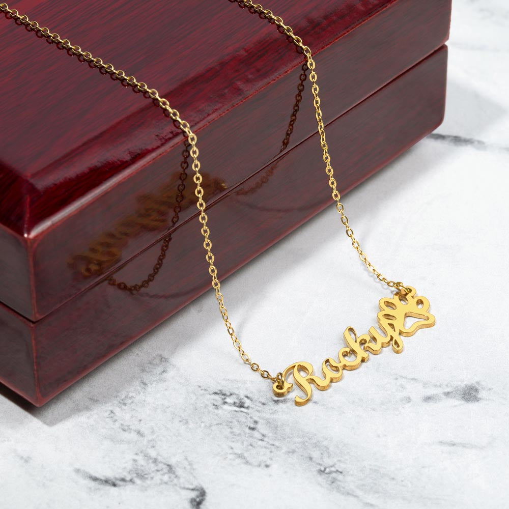 Personalized Pet Name Necklace with Paw Print | Custom Dog Cat Name Jewelry | Polished Stainless Steel or 18K Gold | Pet Memorial Gift